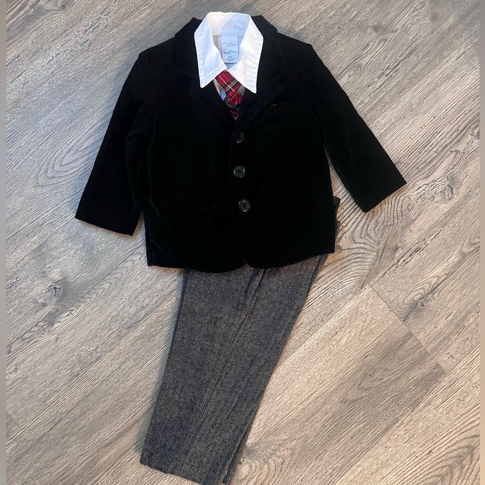 Starting Out 4 Pc Suit - 18M Baby Boy - Black Velvet 3 Button Blazer Tie & Pants